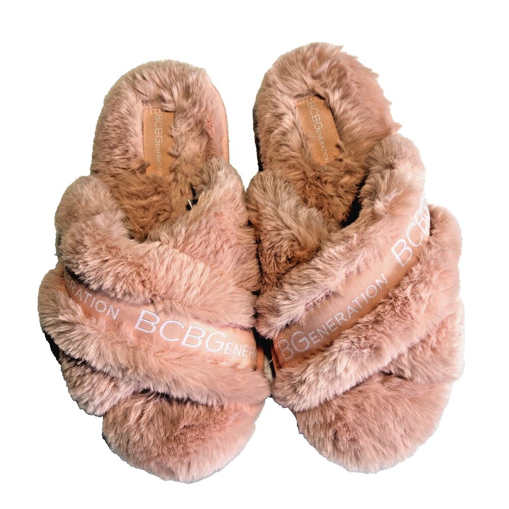 BCBG BCBGeneration PINK PLUSH FAUX FUR SLIPPERS SHOES Slides Cross-Strap M 7-8